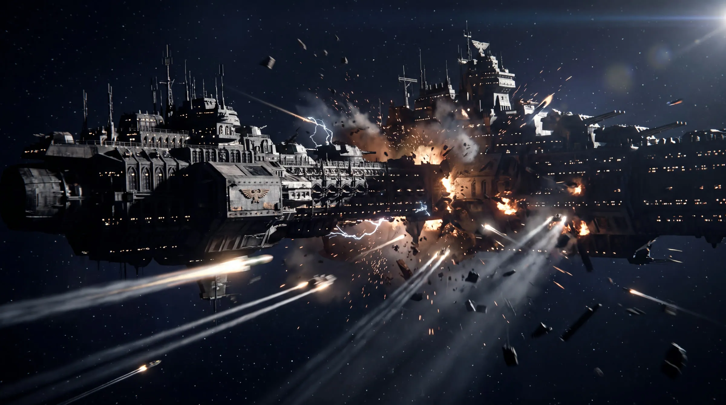 A gothic battleship fires in deep space
