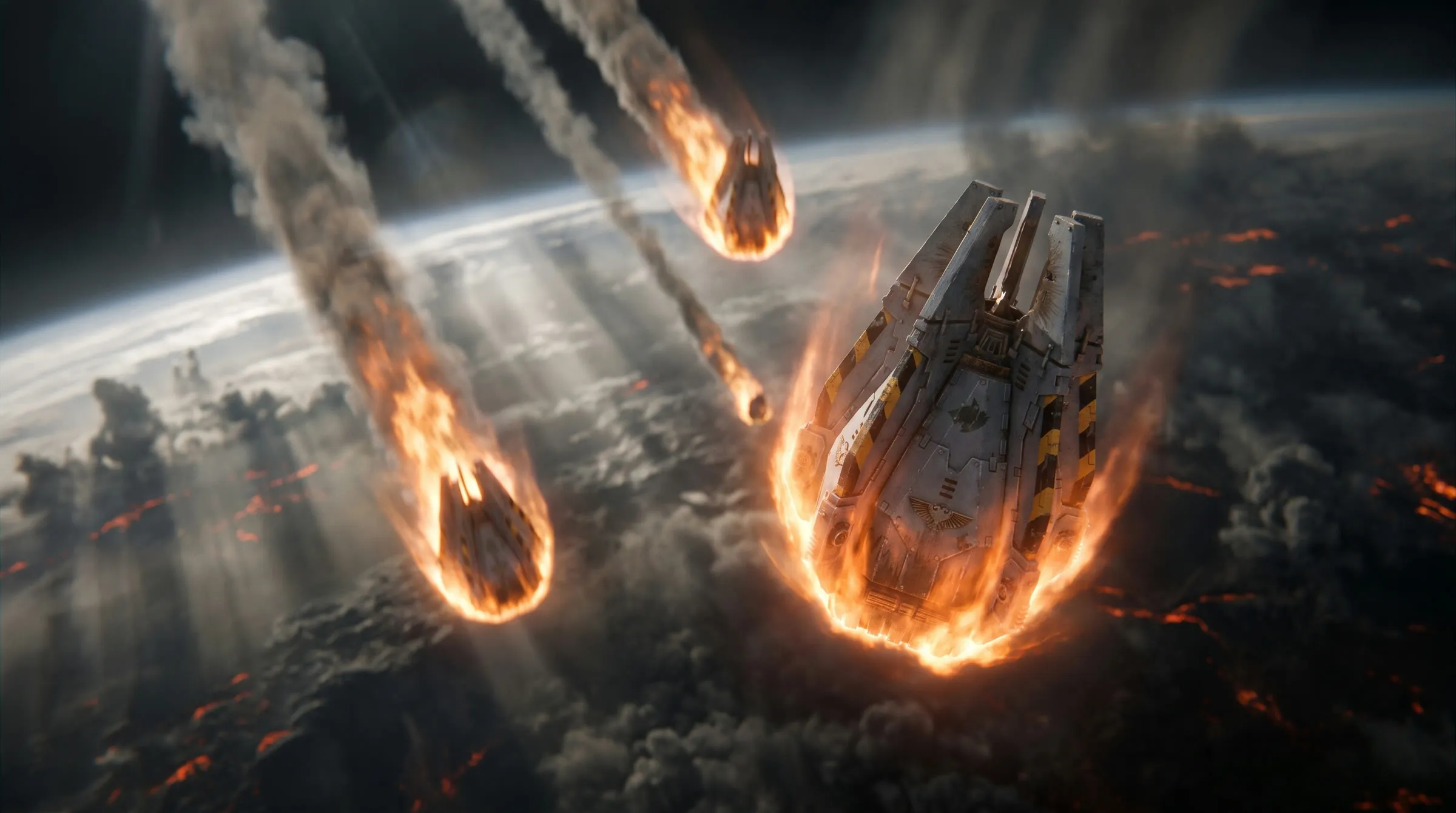 Burning drop pods fall toward a planet