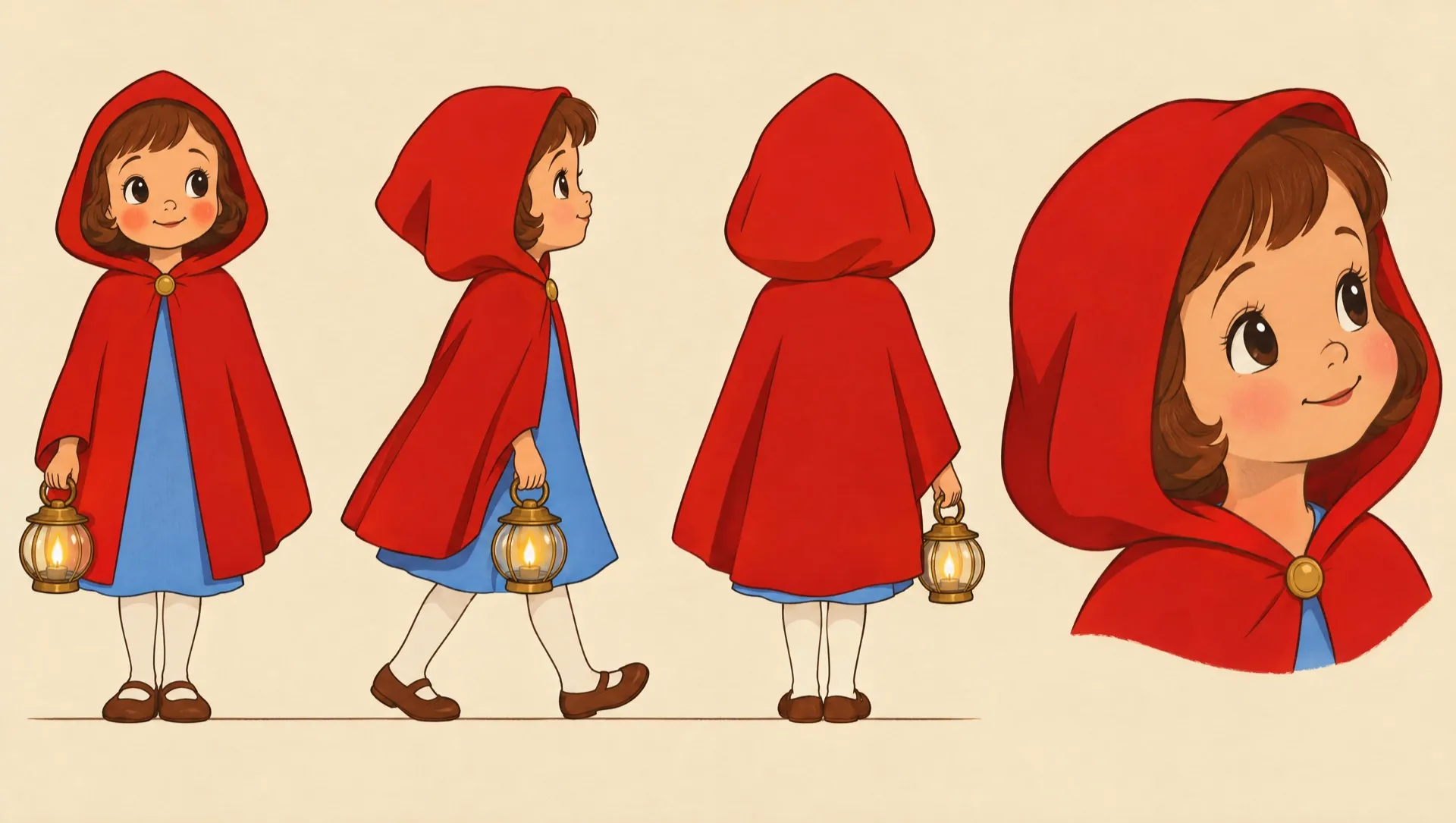 Model sheet for the girl: front, side and back views and a close-up