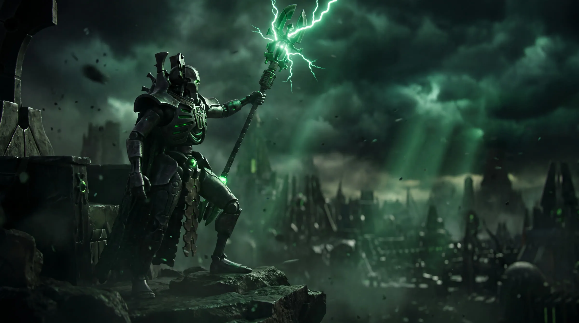 A robed figure calls green lightning over a ruined city